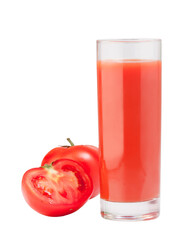 Glass of fresh tomato juice with ripe tomatoes on transparent background