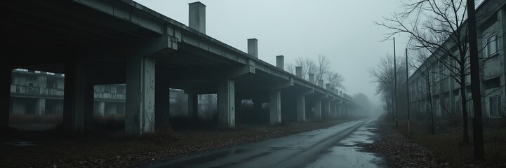 Abandoned Urban Structure in Foggy Atmosphere A Hauntingly Beautiful Scene of Decay and Nature
