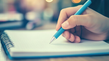 A hand with a blue pen over a spiral notebook, ready to write. Bokeh background