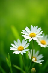 Obraz premium Close-up of white and yellow daisy flowers in vibrant green grass, garden, spring, outdoor