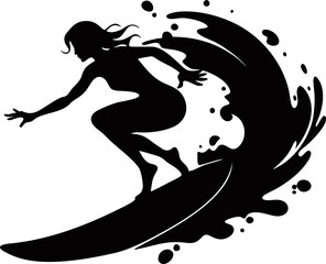 illustration of female surfer silhouette in wave vector