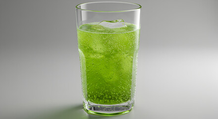 Refreshing Green Drink With Ice Cubes In A Glass On Gray Background