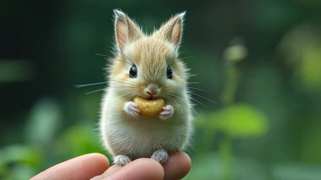 Tiny Treat: An adorable baby bunny, with its big eyes and soft fur, delicately clutches a bite-sized treat in its paws. The scene evokes feelings of cuteness and warmth