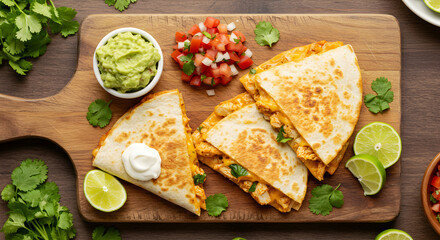 Delicious Chicken Quesadillas with Fresh Salsa and Guacamole on Wooden Board