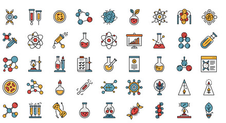 Science icon set with chemical elements and laboratory equipment