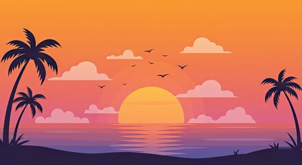 Obraz premium Tropical Sunset Beach with Palm Trees and Ocean View – Summer Vibes Illustration