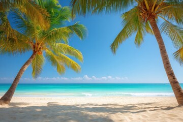 Tropical beach paradise with palm trees turquoise water and white sand idyllic vacation destination summer getaway tranquil scene
