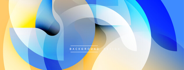 Abstract shapes overlap, creating vibrant blue, yellow gradients. Modern design feels dynamic, smooth, visually appealing.