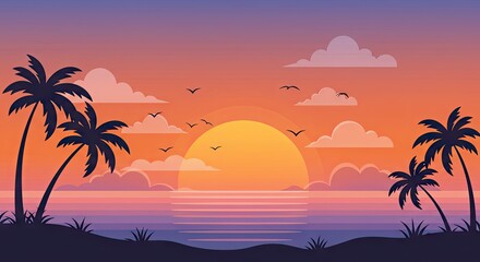 Tropical Sunset Beach with Palm Trees and Ocean View &ndash; Summer Vibes Illustration