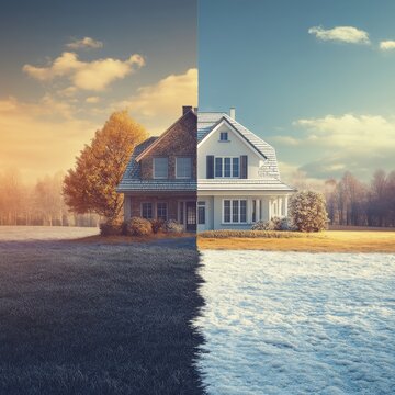 House in Transition Autumn to Winter Season View Frontal Shot Suburban Home Exterior Property Landscape