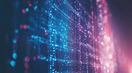Fototapeta premium Abstract digital network with glowing lines & lights in vibrant blue and pink hues