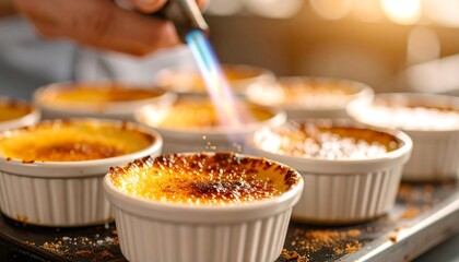 Delicious Cr me br l e Dessert Preparation A Chef Torches Sweet Caramel Topping on Creamy Custard