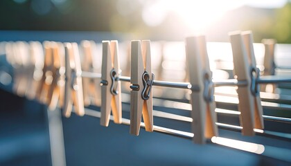 Wooden Clothespins on a Clothesline Drying in Sunlight A Close Up View of Laundry Day