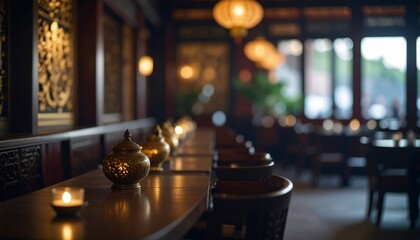 Tranquil Asian Restaurant Interior Dimly Lit Tables with Ornate Candles and Decor