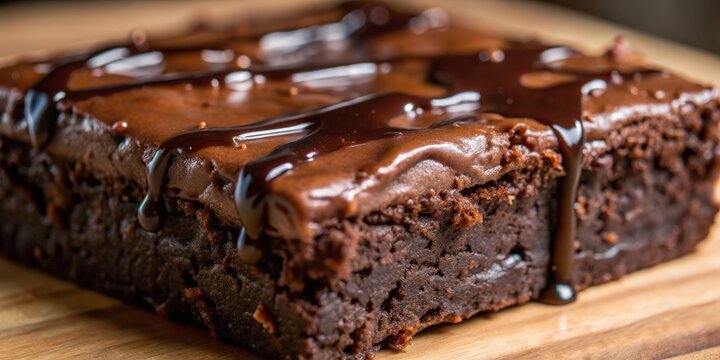 A close-up view of a fudgy brownie drizzled with rich chocolate ganache, showcasing its decadent texture and irresistible appeal.