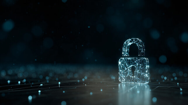 Digital Lock Made of Glowing Blue Network Nodes on Dark Tech Background