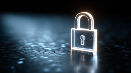 Naklejka premium Transparent Digital Padlock on Futuristic Blue Grid Floor for Data Security