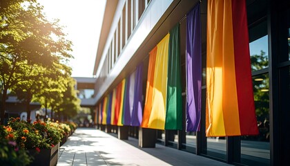 Colorful Pride Flags Hanging Outside Modern Building on Sunny Day Vibrant Rainbow Banners Decorate Exterior Walkway