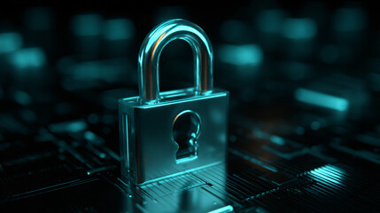 Futuristic Metal Padlock on Dark Digital Circuit Board
