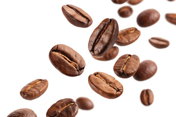Obraz premium falling coffee beans macro isolated on white or transparent png