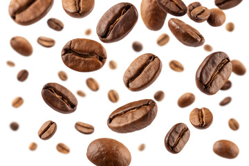 falling coffee beans macro isolated on white or transparent png