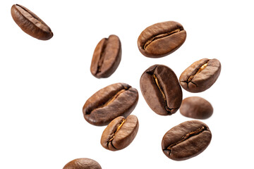 Obraz premium falling coffee beans macro isolated on white or transparent png