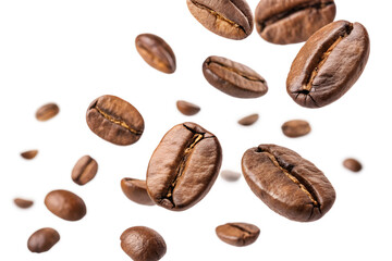 Obraz premium falling coffee beans macro isolated on white or transparent png