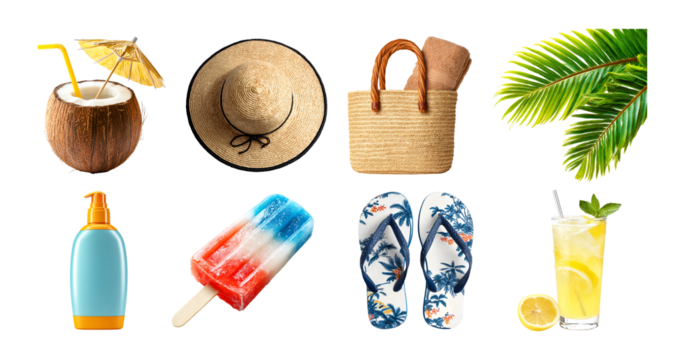 Beach vacation Essentials, tropical summer travel Items set isolated on transparent background cut-out Png file for graphic resources 