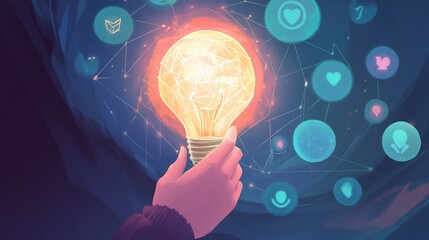 Hand holding glowing lightbulb, abstract digital design, conceptual idea, inspiration