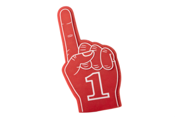Red foam hand number one isolated on transparent or white background, png