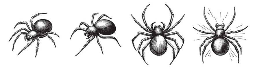 Obraz premium Vintage Illustrations of Spiders in Various Poses and Styles, vintage retro hipster logo design, vector illustration, engraving design