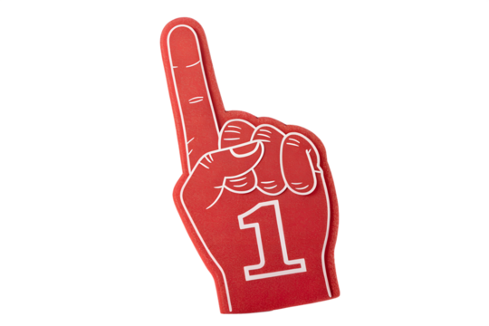Red foam hand number one isolated on transparent or white background, png - Powered by Adobe