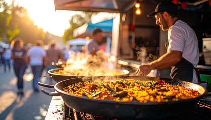 Delicious Seafood Paella Cooking at a Sunny Outdoor Food Market A chef prepares a vibrant paella dish in a large pan
