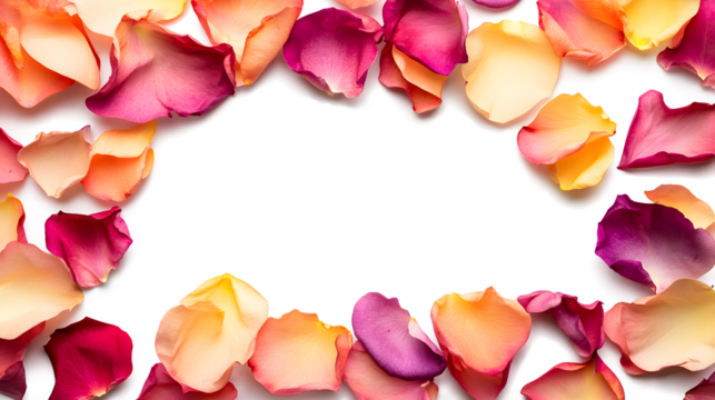 A close up of a bunch of flower petals in various colors, arranged in a circle