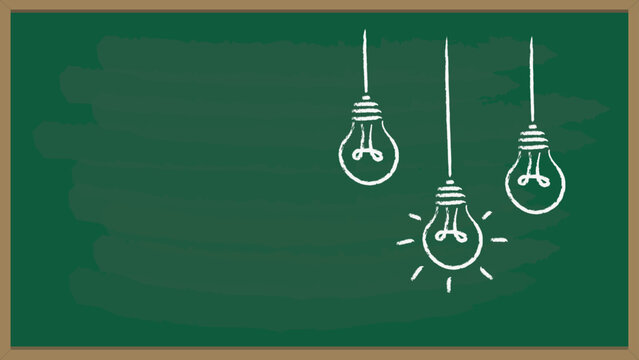 Three hanging light bulbs drawn in white chalk on a green chalkboard, with one bulb illuminated, symbolizing an idea or inspiration.