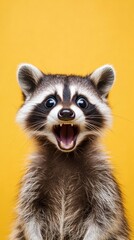 Obraz premium Surprised raccoon portrait on yellow background; animal is showing teeth and looking at camera in a studio shot; head and shoulders close up