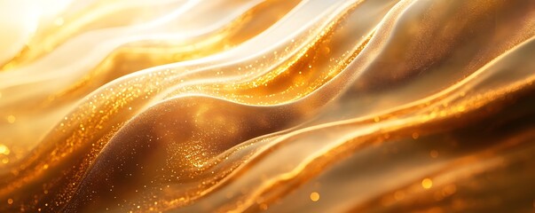 Abstract gold wave, representing liquid gold shimmering with soft light, exuding luxury and wealth.  This artistic image suggests ideas like financial strength, beauty, or precious value.