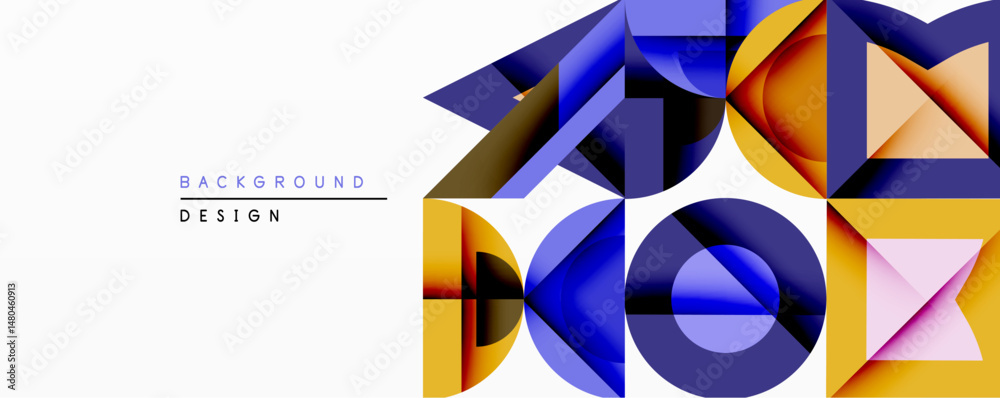 Poster Abstract geometric composition. Overlapping shapes create dynamic visual effect. Blue, orange, purple hues dominate design. Modern style, clean lines, minimalist aesthetic.