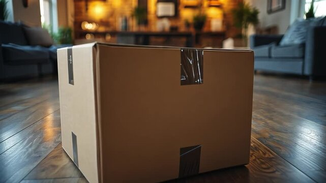 Cardboard Box in Interior Setting: A simple, yet intriguing, cardboard box sits centered on a polished wooden floor. Its presence hints at possibilities within a cozy, blurred-background room.