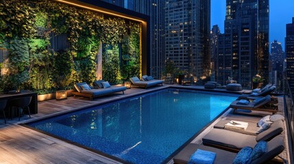 Luxury Rooftop Pool with City Skyline and Green Wall at Night