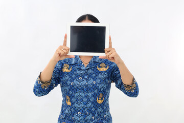 Civil servant woman digital tablet face covered copy space technology concept
