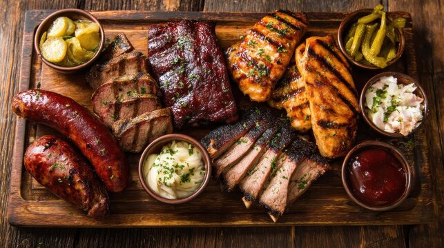 Ultra quality image of assorted grilled meats with sides - traditional American BBQ food.