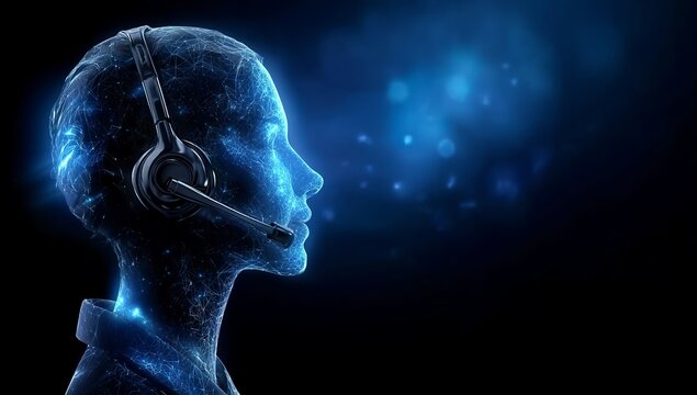 3D render of an AI virtual support agent with a headset, against a dark blue, glowing background,