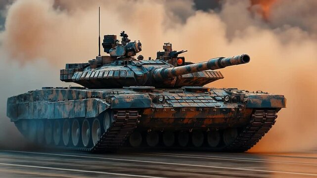 Tank Maneuvers: A powerful T-90 tank maneuvers through a cloud of smoke, its imposing presence and advanced weaponry conveying military might and combat readiness. 