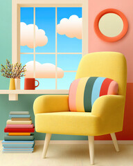 Cozy room with a yellow chair, window view of clouds, and colorful accents