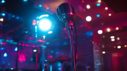 Vintage microphone stands center stage amidst vibrant lighting for a performance