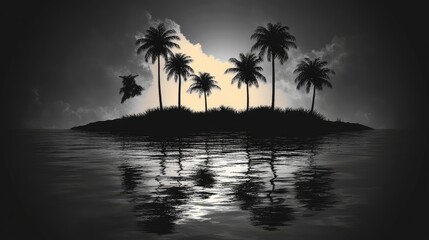 Obraz premium Silhouetted Island at Dawn, Palm Trees, Calm Waters, Dramatic Sky