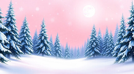 Snowy Winter Forest at Dusk, Pink Sky and Pine Trees Scenic Landscape Background. Generative AI	