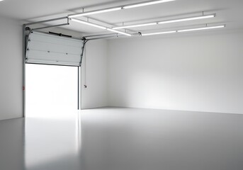 Bright empty warehouse with open door and reflective floor