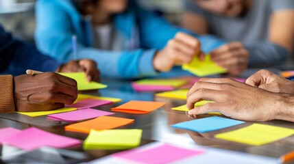 Obraz premium Collaborative team engaged in creative meeting with sticky notes on a table, blurred background